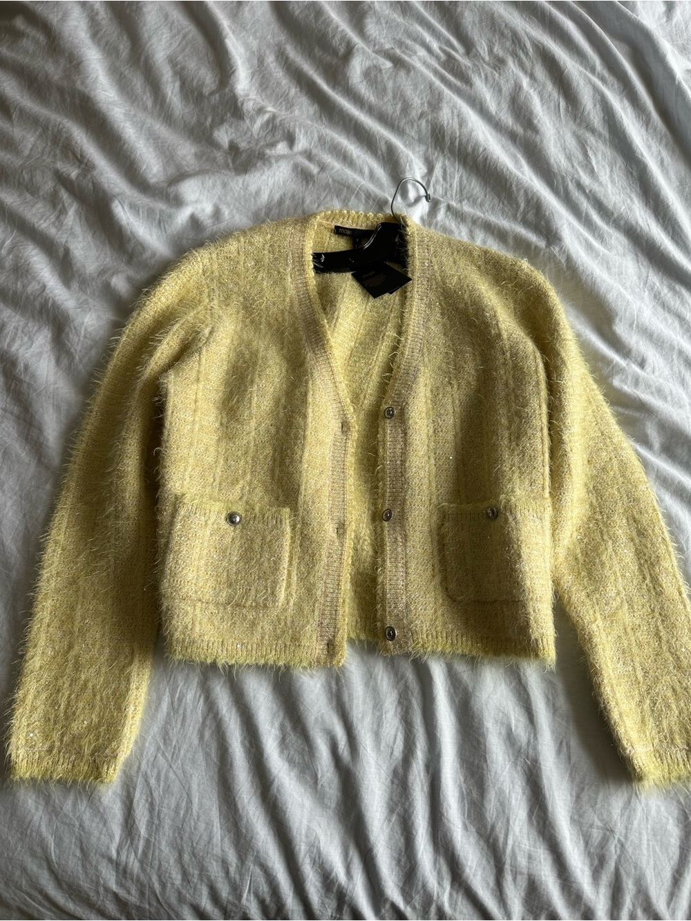 Maje Cropped Fuzzy Button-Front Jacket in Pastel Yellow